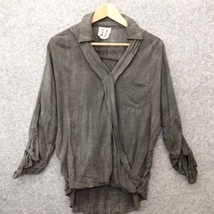 Womens Gray Boho Tunic Top S Surplice Draped Johnny Collar Dolman Oversized PPLA